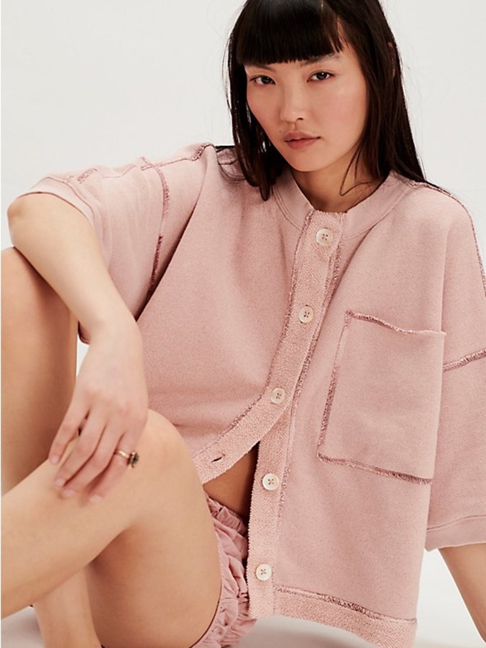 FREE PEOPLE Matilda Relaxed Fit Soft Button-Front Sweatshirt Top $98